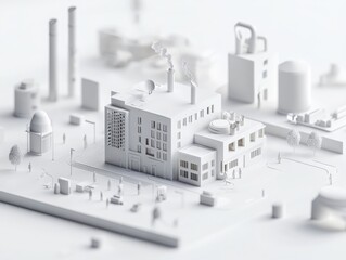 Naklejka premium Industrial facility emitting smoke in a minimalist cityscape urban manufacturing 3d model monochrome aerial perspective environmental impact awareness