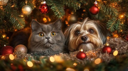 Obraz premium Playful dog and cat enjoying the festive spirit in a Christmas tree, whimsical holiday scene with a curious feline companion