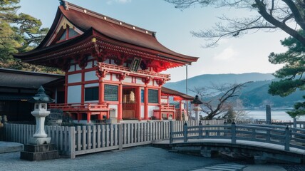 Naklejka premium Traditional Japanese temple with lanterns, ornate wooden architecture, and serene surroundings, overlooking a calm landscape.