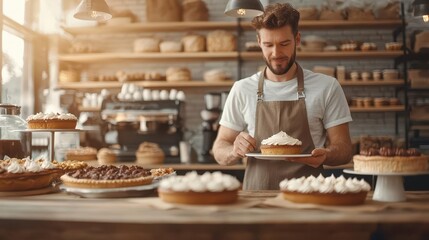 Barista taking a coffee order in a boutique bakery, cakes and pies displayed behind