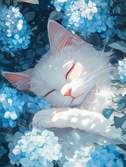 Girl and cat fall asleep among hydrangea flowers