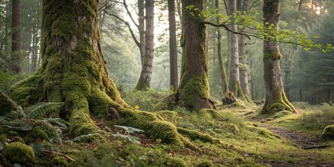 Obraz premium Moss-covered tree trunks blend seamlessly into surrounding foliage, verdant vegetation, shaded areas, lichen, moss