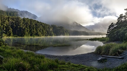 Serene Mountain Lake Mist Shrouded Trees