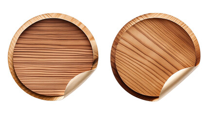 Blank realistic wooden texture round torn paper sticker label set isolated on white background