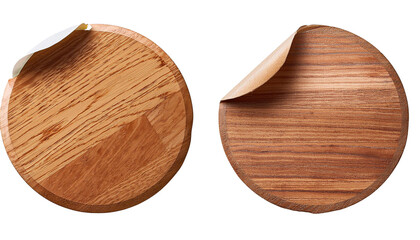 Blank realistic wooden texture round torn paper sticker label set isolated on white background