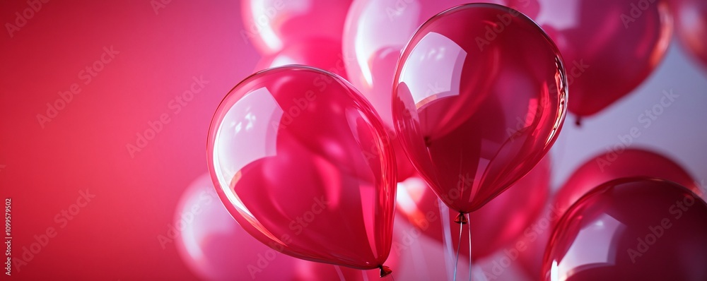 Poster Group of shiny red balloons floating on a red background