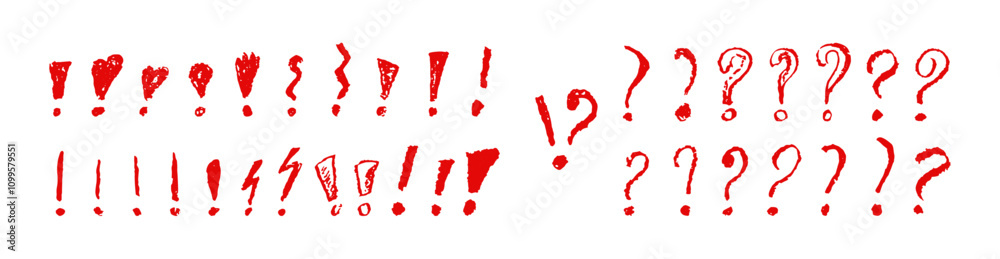 Fototapete exclamation and question marks symbols set. red crayon hand written signs. doodle icons collection f