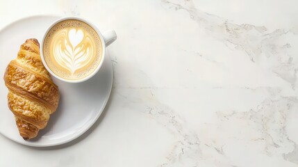 Elegant flat white served with a warm croissant in a chic coffee and bakery bistro