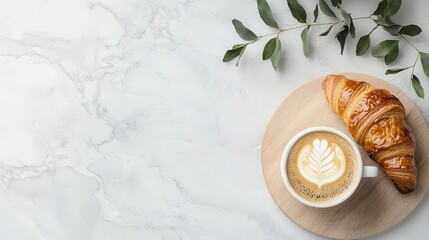 Elegant flat white served with a warm croissant in a chic coffee and bakery bistro