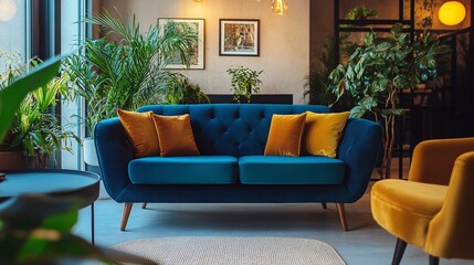 Obraz premium Modern living room interior design with blue sofa and green plants