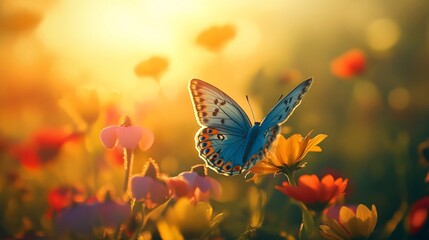 Beautiful butterfly flying over colorful flowers at sunset