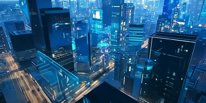 Artificial intelligence controlling a city of tomorrow, data flowing through transparent buildings, 4K Video