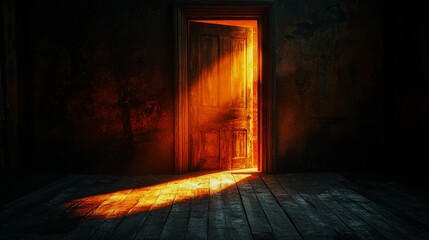 Light shining through door crack in dark room, Illumination, entrance, dramatic, mysterious, glow, silhouette, shadow, bright