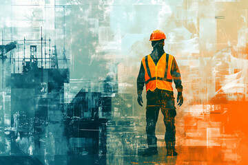 Abstract digital background banner with construction worker, the risk of industrial injury


