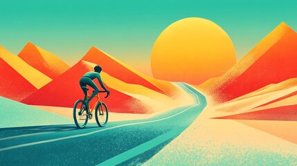 Fototapeta premium Cyclist rides road towards sunset over stylized mountains.