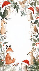 Naklejka premium blank mockup template with hand-drawn festive animals (foxes, rabbits, and owls) wearing Santa hats around the edges, leaving space in the middle for holiday greetings, celebrating Christmas, 