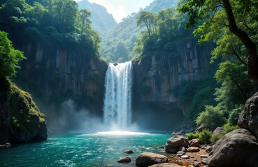 Majestic waterfall cascades into turquoise pool surrounded by rich green forest, rocky mountains. Stunning natural scenery. Perfect place for adventure. Wonderful holiday destination. Peaceful,