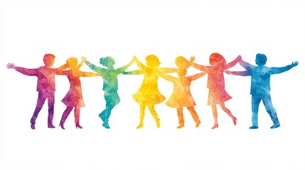 Happy children holding hands and dancing together in watercolor style