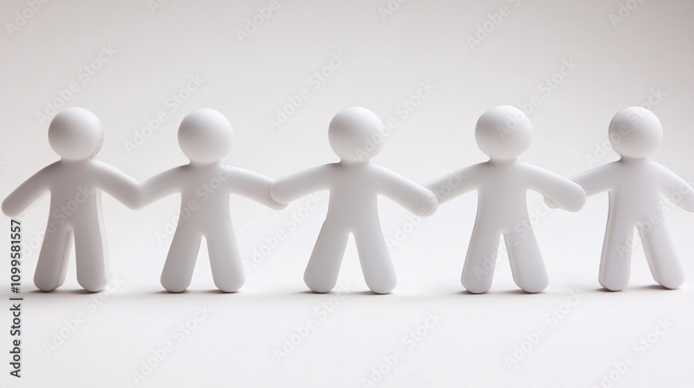 Poster Five white figurines holding hands in unity and teamwork