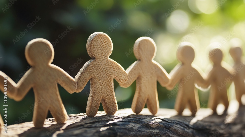 Poster Wooden figures holding hands, symbolizing unity and teamwork, on a tree branch