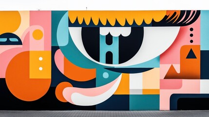 Colorful geometric abstract mural featuring shapes and patterns in teal, orange, pink, and black on a large wall surface.