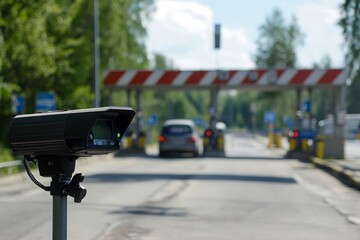 Obraz premium Comprehensive View of a Vehicle Surveillance Camera at Toll Booth with Clear Sky and Lush Greenery in Background, Capturing Modern Traffic Monitoring Technology