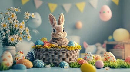 Easter bunny sitting in basket with colorful eggs and flowers celebrating easter sunday