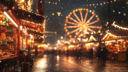 Festive Christmas Market Night Scene With Ferris Wheel