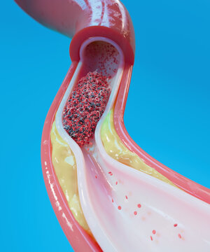 Atherosclerosis and blood clot in human blood vessel, illustration