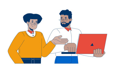 Diverse colleagues interaction laptop 2D cartoon characters. African american employee and hispanic office worker notebook isolated people flat vector on white background. Spot illustration colorful