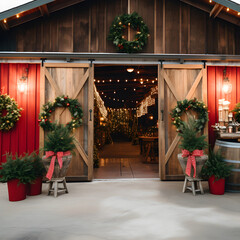 Fototapeta premium Rustic Barn Decorated with Evergreen Wreaths and Twinkling Lights