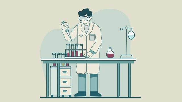 Doctor Research and Analysis in Laboratory with Tubes Test cartoon animation. Lab Research, innovative medicine and medical Experiment. Copy space