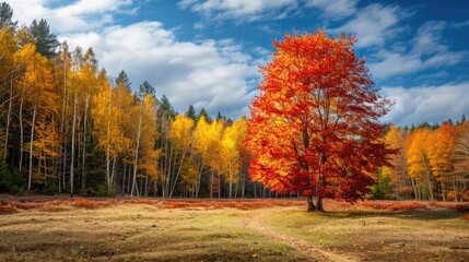 Fototapeta premium Vibrant autumn landscape featuring a solitary red tree in a colorful forest under a clear blue sky