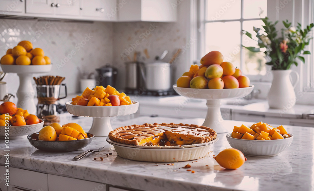 Poster table with a pie and a bowl of fruit. the pie is cut in half. there are oranges, apples, and pears o