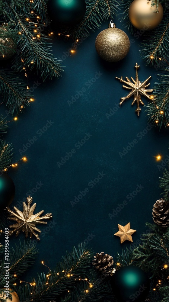 Poster christmas background with fir branches, ornaments, and lights creating a festive frame