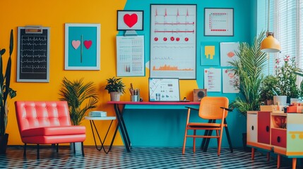 Obraz premium Vibrant home office with colorful decor, plants, and mid-century modern furniture.