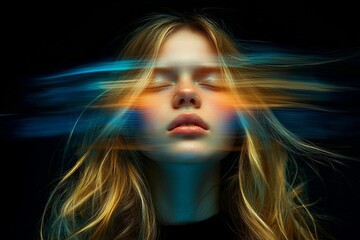 Fototapeta premium Blurred portrait of young blonde girl with neon colored face posing over dark background in blue neon lights