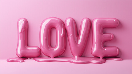 Banner with 3D text "LOVE" in the style of dripping liquid, pink on a pink background, cute and dreamy, pastel colors, hyper-realistic illustrations, fluid forms, sculpted details, minimalism