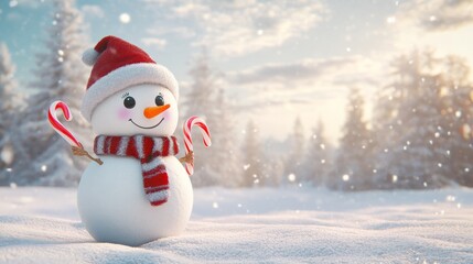 Obraz premium blank mockup template with a cute cartoon snowman holding a candy cane on the bottom left, leaving the center and top space open for personalized messages, celebrating Christmas,