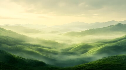 Fototapeta premium Serene Green Mountains Enveloped In Morning Mist