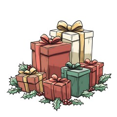 Christmas postcard border in cartoon style featuring wrapped presents and holly leaves on white 