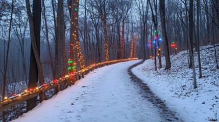 Snowy Winter Trail Decorated With Festive Lights
