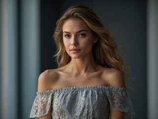 Fototapeta premium A beautiful woman with bare shoulders, exuding elegance and charm, her posture radiating confidence and femininity in soft lighting