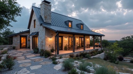 Naklejka premium Stone farmhouse with porch at sunset.