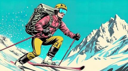 Vintage Ski Adventure: Retro Photograph of Skier with Helmet and Backpack on Snowy Slope - Perfect for Sports Interior D&eacute;cor and Nostalgic Wall Art!