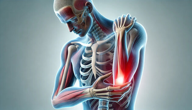 Pain in the elbow, highlighting conditions like elbow fractures, dislocations, tendinitis, and bursitis, emphasizing the anatomical areas affected. Generative AI illustration.