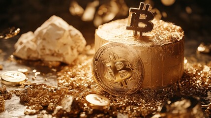 Bitcoin cryptocurrency golden cake celebrating mining success with gold flakes and nuggets