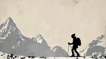 Charming Sepia-Toned Alpine Ski Scene: Vintage Skier with Poles and Backpack on Snowy Slopes &ndash; Perfect Poster for Sports-Themed Interiors and Winter Adventure Enthusiasts!