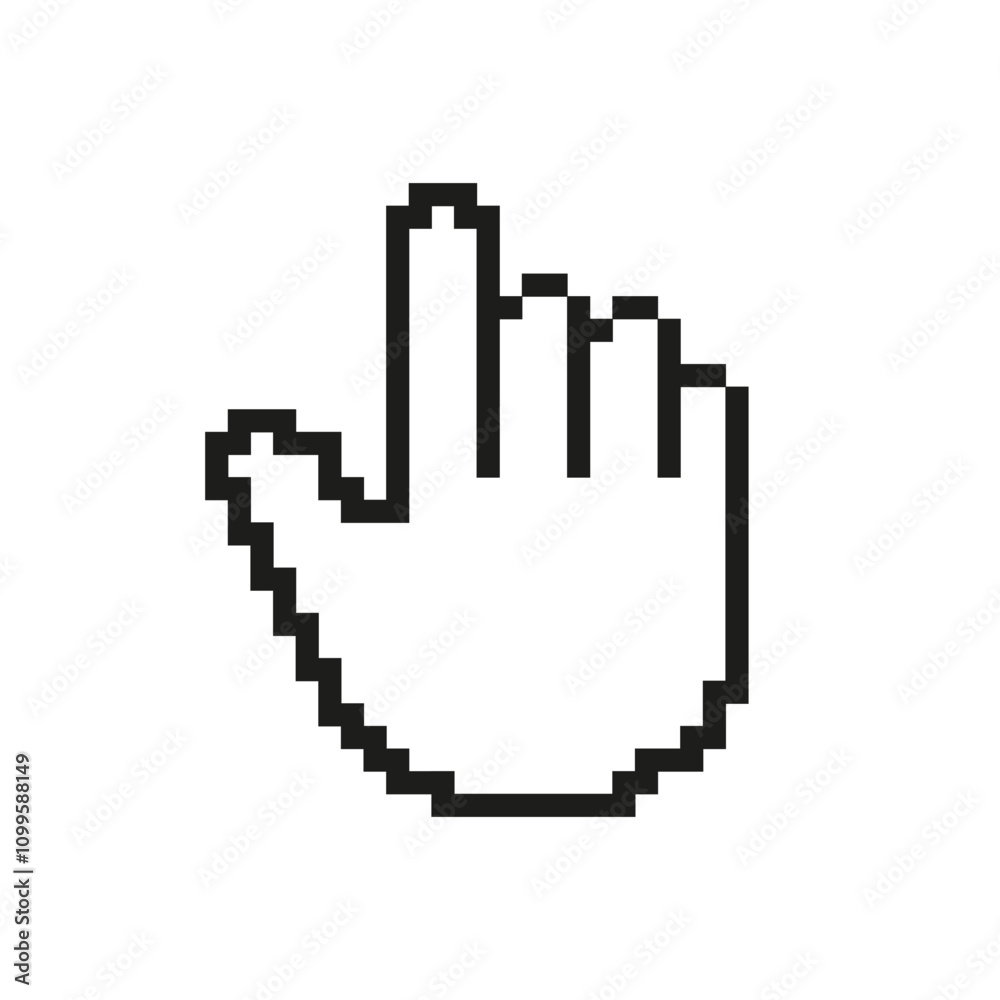 Poster pixelated hand icon. selection gesture in pixel art style. pointer control in digital interfaces. is