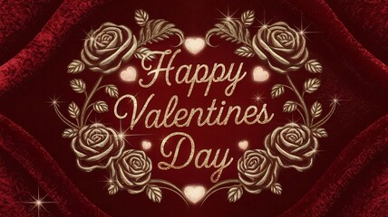 Elegant Happy Valentines Day message in gold text framed by roses and hearts on red velvet